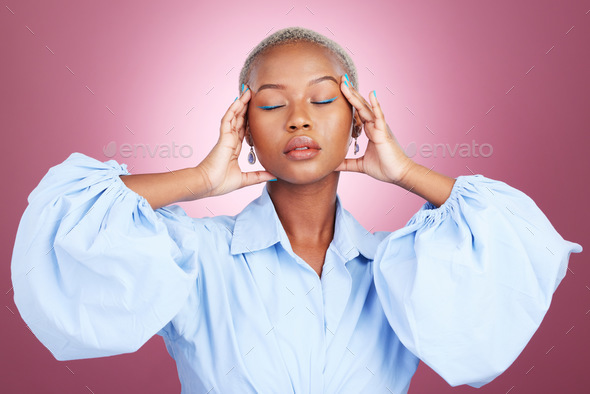 Stress, headache and black woman in studio with anxiety, worry or brain fog on pink background. Han