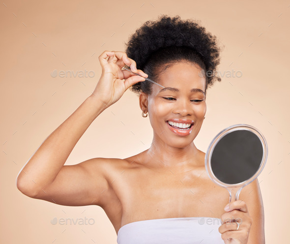 Woman, tweezers and mirror for eyebrow in studio, beauty or thinking for results, reflection or ide