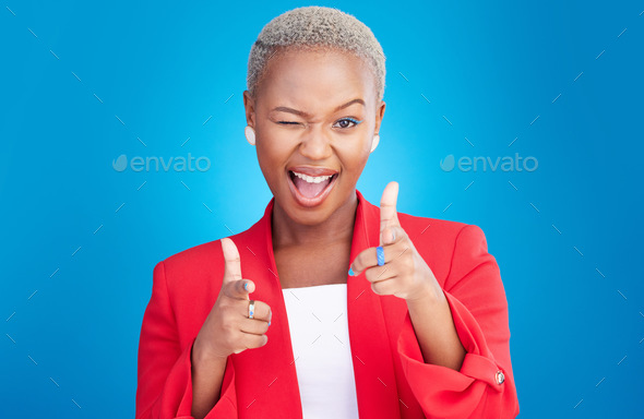Portrait, wink and finger guns with a black woman on a pink background in studio for choice or fun. - Stock Photo - Images
