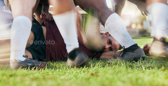 Sports field, ground or man in rugby scrum action, outdoor competition on tournament match, challen