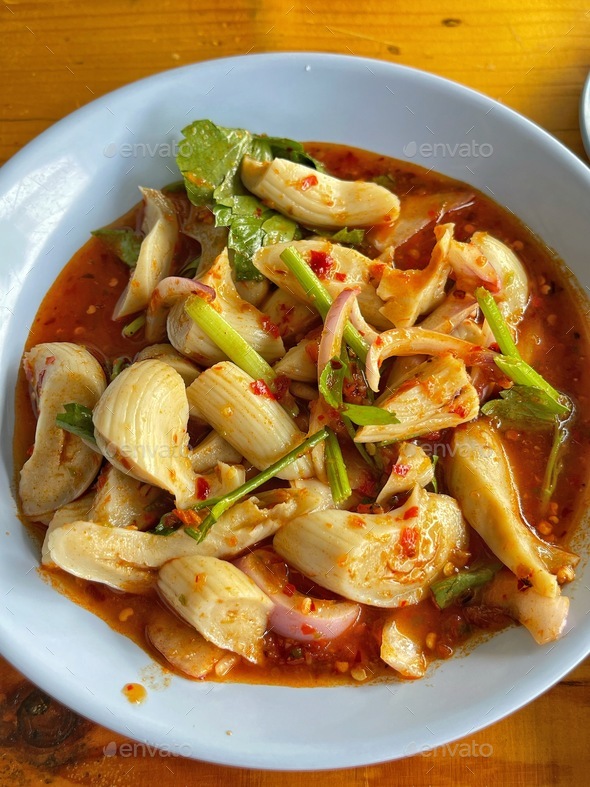 Pork Intestine Spicy Salad Thai food chili menu fusion Style sideview