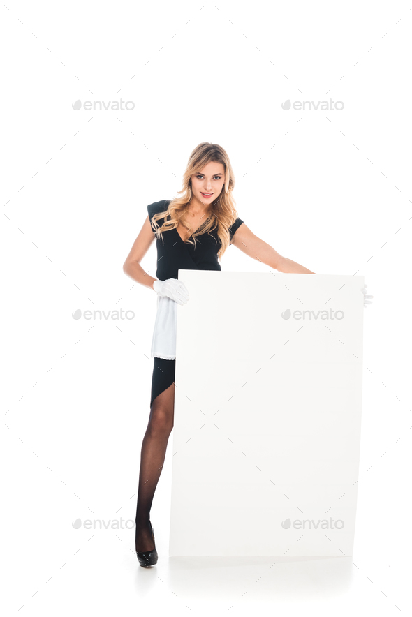 Blonde Housemaid In Black Uniform Standing Behind Placard On White