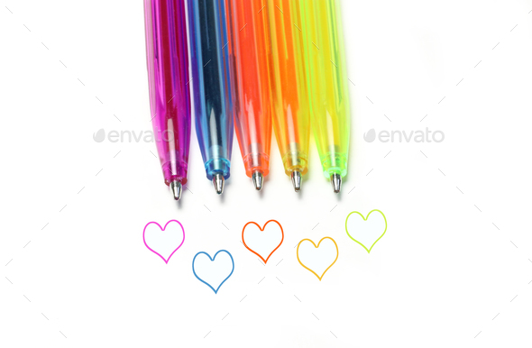 Bright colorful pens and abstract hearts Stock Photo by didesign