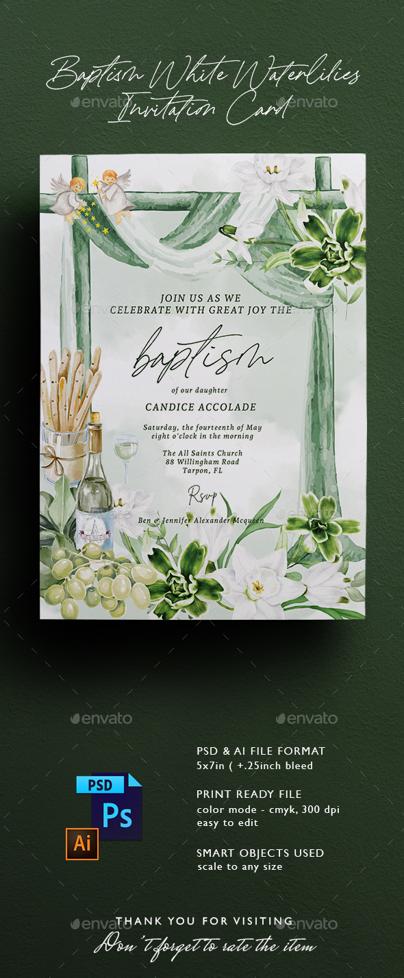 Baptism White Waterlilies Invitation Card