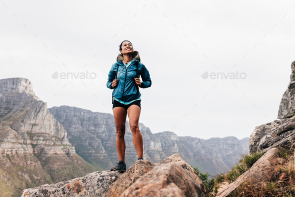 Girl Traveler Hiking Backpack Rocky Mountains Stock Photo