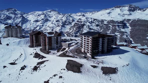 Ski station center at Andes Mountains. Snow winterness scenery. alt