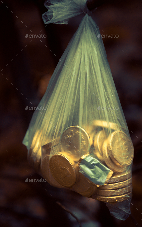 Closeup shot of a bag of gold coins
