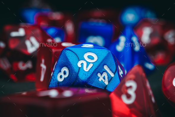 Closeup of blue and red dungeons and dragons dice