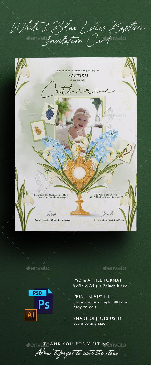 White & Blue Lilies Baptism Invitation Card