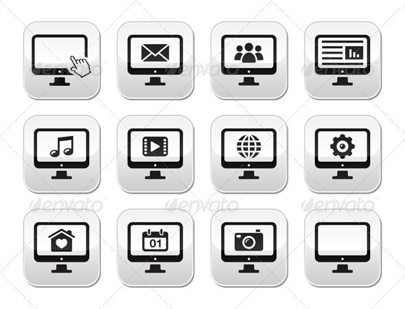 Computer screen modern grey buttons set - Computers Technology