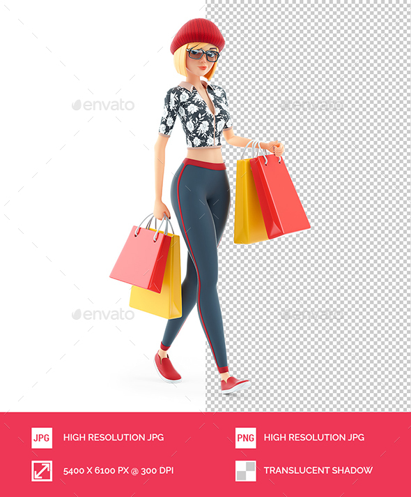 3D Fashion Girl Walking with Shopping Bags