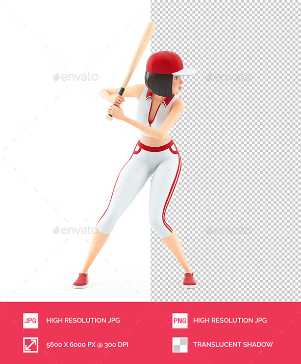 3D Baseball Girl Ready to Swing a Bat