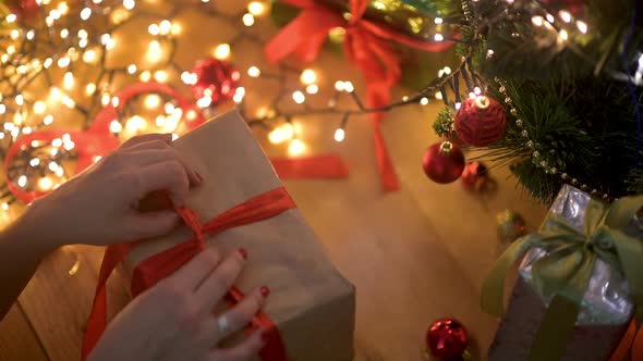Women's hands take a large gift box under the Christmas tree alt