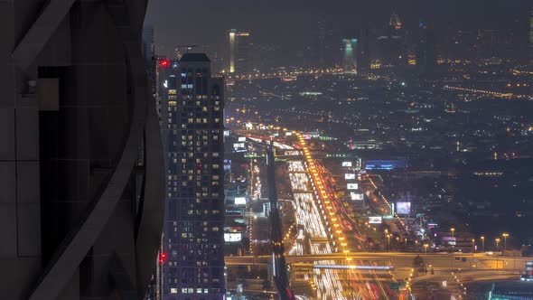 Dubai Downtown Night Timelapse Modern Towers Panoramic View From the Top in Dubai United Arab alt