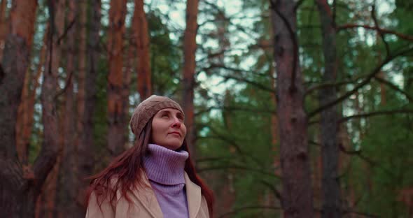 Portrait Beautiful Woman Admiring Nature Coniferous Fairy Forest alt