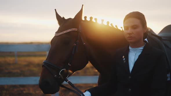 A Jockey Taking Her Brown Horse Holding Its Lead Rope In The Sandy Arena Sunset alt