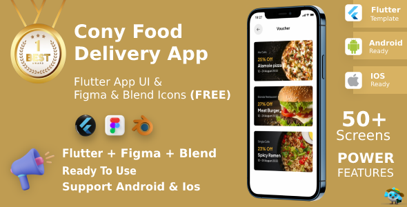 ConyFood ANDROID + IOS + FIGMA | UI Kit | Flutter | Food Delivery App | Free Figma, Blend Icons File