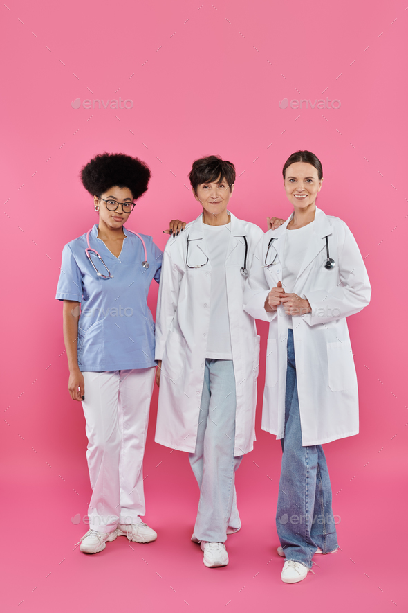 oncologists, three interracial female doctors, breast cancer awareness, early detection, campaign