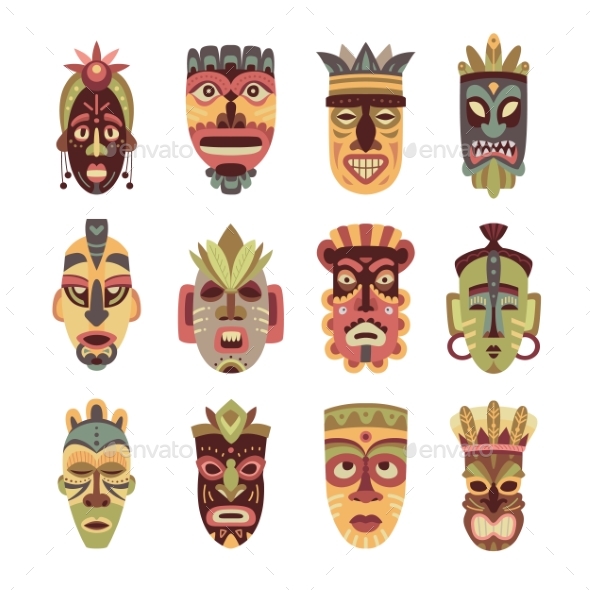 Ethnic Flat African Tiki Mask Polynesian Hawaiian