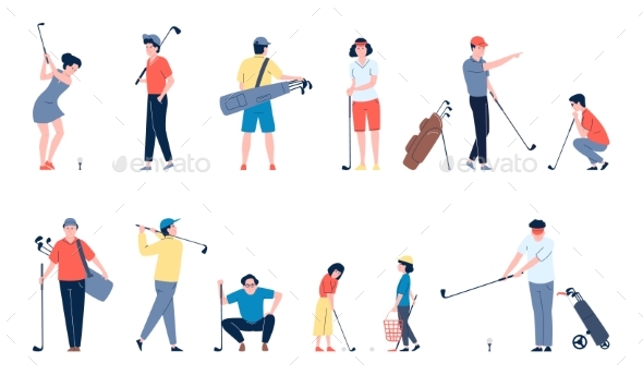 Flat Golf Players Characters with Bags