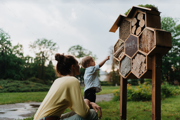 Mom showing her playful son an insect hotel in public park.