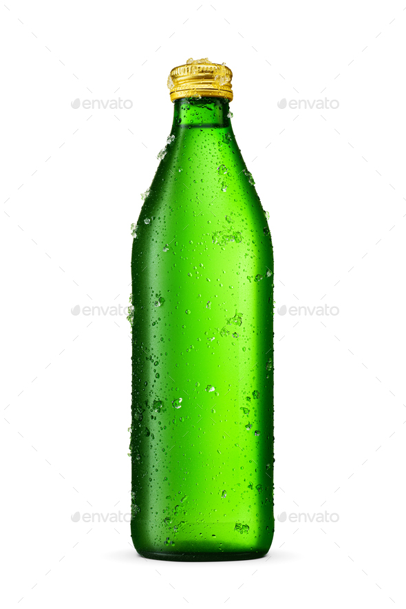 Soda or purified mineral water in green glass bottle isolated on white