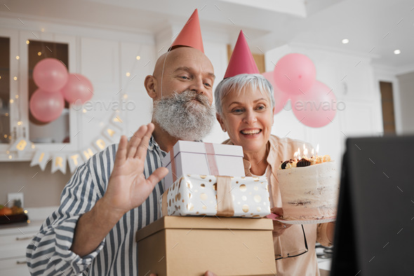Happy birthday, video call and senior couple celebrate online with cake for party, event and connec