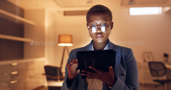 Tablet, night reading business woman with glasses for social media marketing, digital analytics or