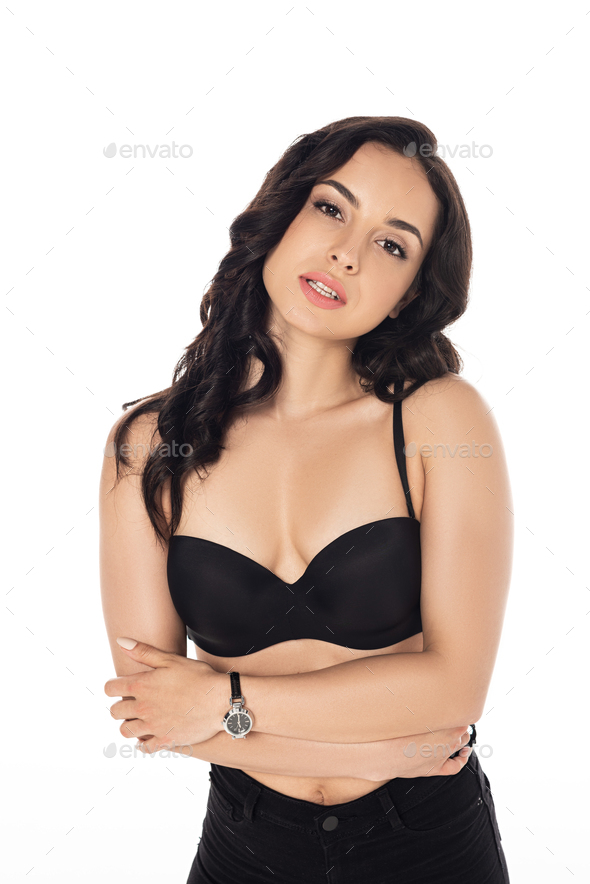 front view of attractive sexy brunette girl in black bra looking