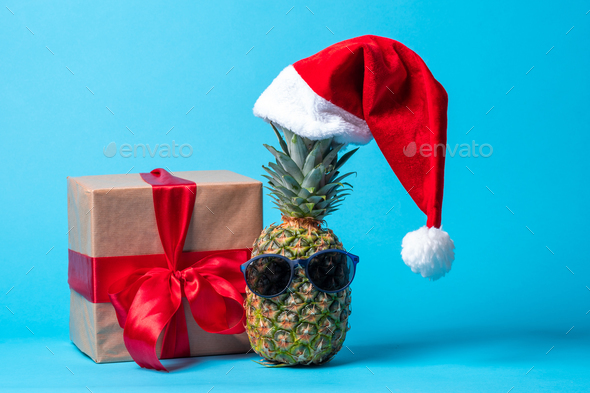 Trendy hipster pineapple fruit with sunglasses and red Santa hat