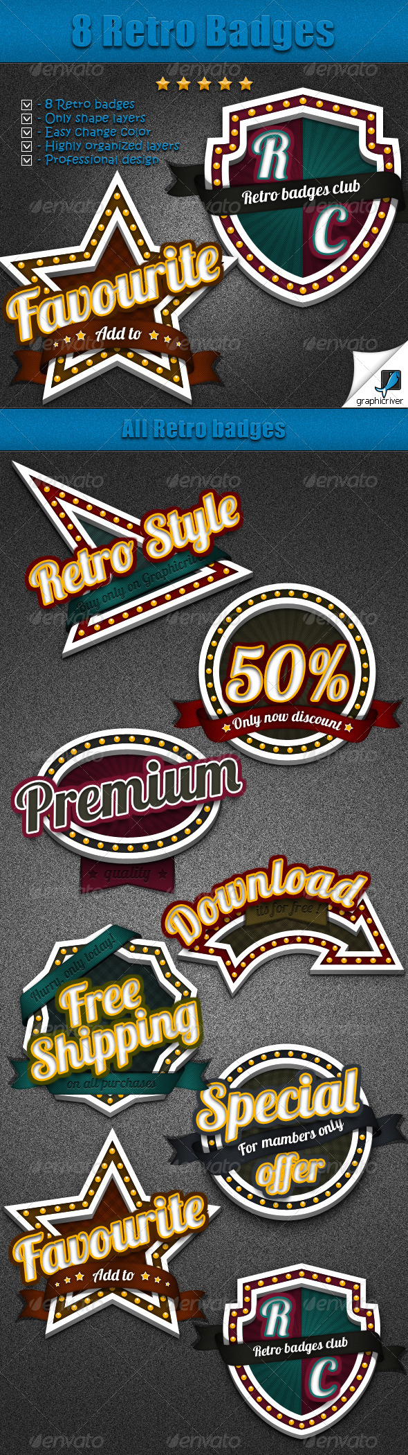 8 Retro Badges - Badges & Stickers Web Elements