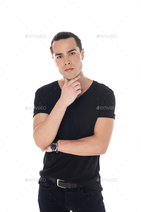 White T Shirt on a Young Man Isolated, Front and Back View Stock