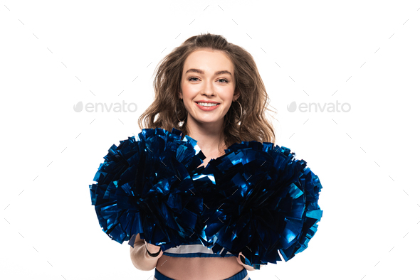 girl in a cheerleader costume with a pom poms on a white Stock