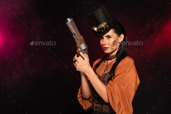 beautiful steampunk woman in top hat holding pistol in pink smoke