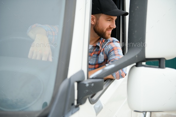 Driver Behind The Wheel In Truck Cabin Stock Photo By Sedrik2007 ...