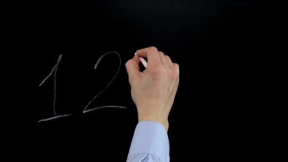 Hand writes on the blackboard with chalk one, two, three, four. Close up. HD