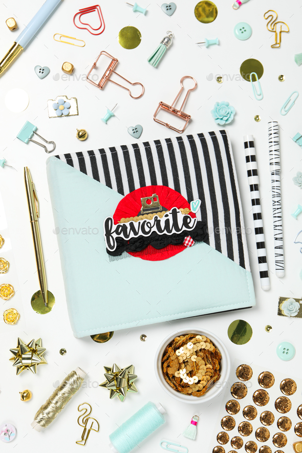 Scrap booking, on a white background, top view. Stock Photo by AtlasComposer