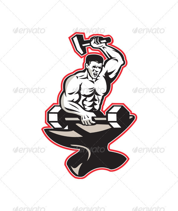Blacksmith With Hammer Striking Barbell on Anvil - People Characters
