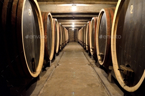 Perspective shot of wine barrels in a row at the wine vault. Stock ...