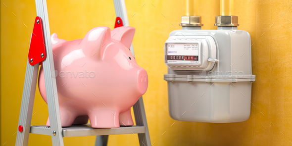 Saving natural gas, energy costs and energy efficiency concept. Piggybank ona ladder and gas meter. - Stock Photo - Images