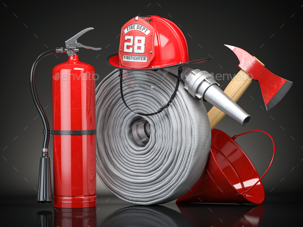 Firefighter equipment and tools. Fire hose, fire hat, extinguisher and axe - Stock Photo - Images