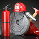 Firefighter equipment and tools. Fire hose, fire hat, extinguisher and axe - PhotoDune Item for Sale