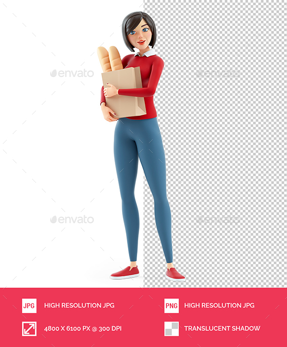 3D Casual Girl Holding Grocery Paper Bag