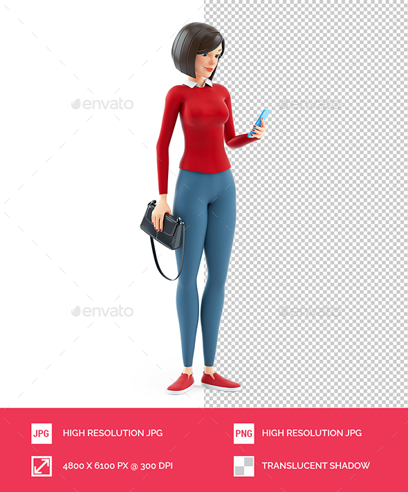 3D Casual Girl Holding Handbag and Looking her Mobile Phone