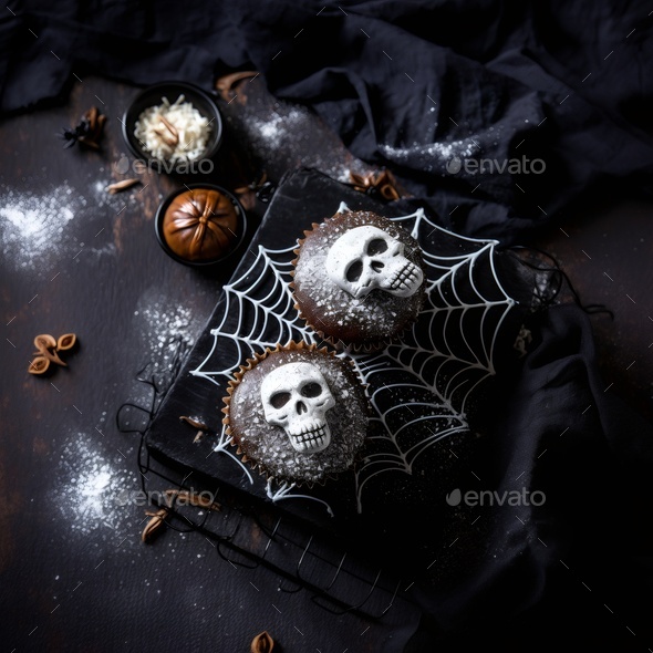 Chocolate cupcakes with a candy skull on a dark table.