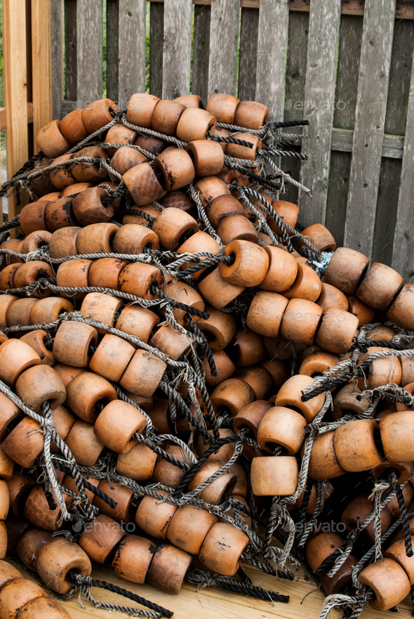Close up of a heap of wooden fishing corks Stock Photo by wirestock