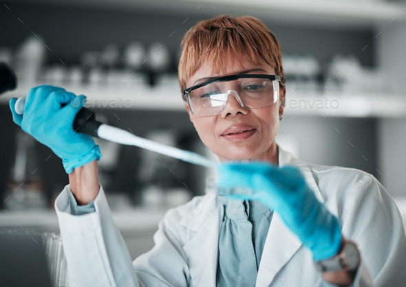 Black woman, scientist and pipette for medical science research, medicine pharmacy or dna blood eng