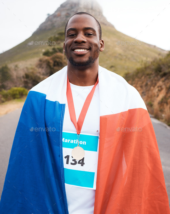 Winner portrait, flag and black man, fitness runner and marathon champion of challenge, outdoor com