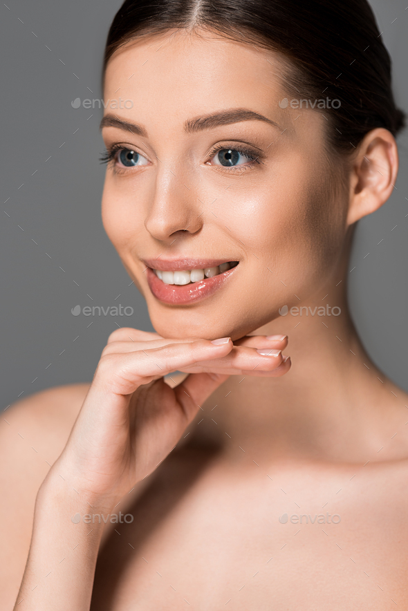 Smiling Nude Girl With Perfect Skin Isolated On Grey Stock Photo By Lightfieldstudios