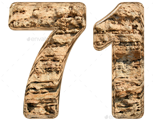 Numeral 71, seventy one, isolated on white, natural limestone, 3d illustration